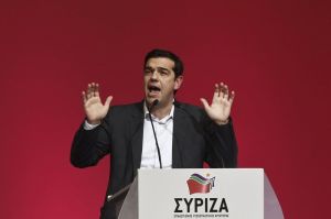 Alexis Tsipras, opposition leader and head of radical leftist Syriza party, delivers a speech during a party congress in Athens
