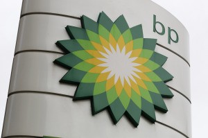 A BP logo is seen on a petrol station in London